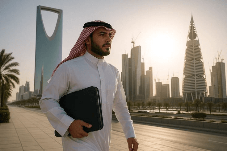 A professional in traditional Saudi attire walking in Riyadh at golden hour, with Kingdom Centre and Al Faisaliyah Center in the background
