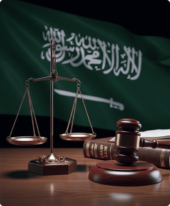 Scales of justice and gavel with the Saudi Arabian flag—representing LOI’s legal practice in the Kingdom