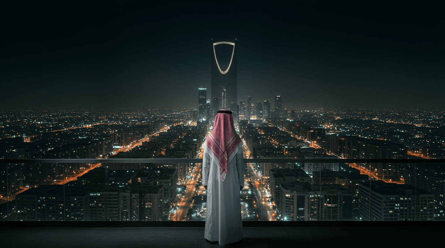 A man in traditional Saudi attire on a balcony at night, overlooking the illuminated Riyadh skyline and Kingdom Centre